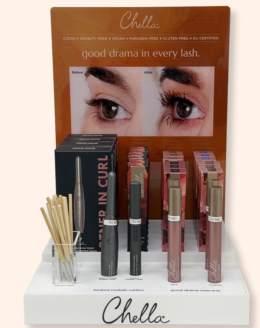 Chella Good Drama mascara and eyelash curler retail display